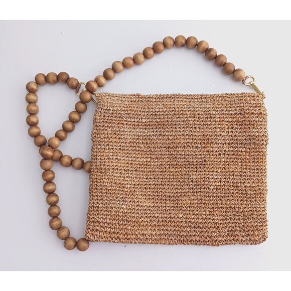 FILO Woven Straw Crossbody Flap Front Round Natural Wood Bead Strap - Picture 7 of 8